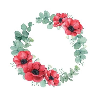 Beautiful floral wreath with red poppies and eucalyptus