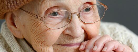 An elderly woman with glasses and a hat photo