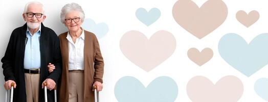 An elderly couple with walking sticks and hearts photo