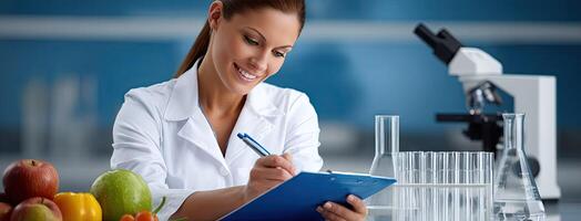 A woman in a lab coat is writing on a clipboard photo