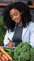 A woman in a lab coat writing on a clipboard with vegetables photo