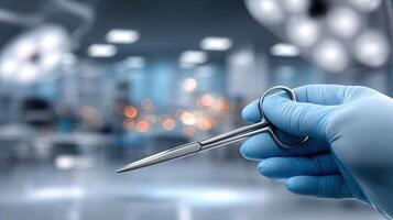 A person in blue gloves holding a surgical tool photo