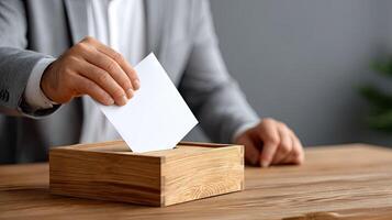 A man is putting a paper into a wooden box photo