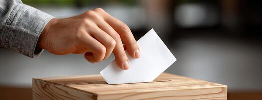 A hand putting a paper into a wooden box photo