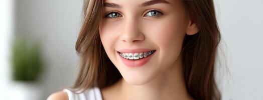A woman with braces smiling and looking at the camera photo