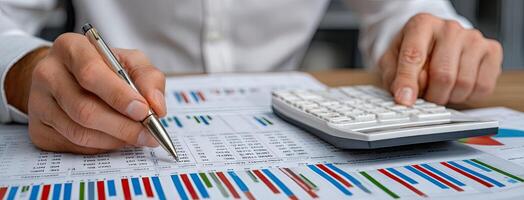 Businessman's hands on calculator and pen on financial documents photo