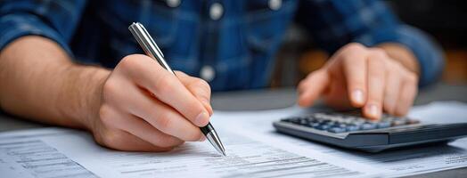 A man is writing on a calculator and holding a pen photo