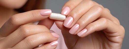 A woman with pink nails holding a nail polish photo