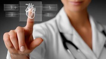 A female doctor is touching a heart on a screen photo