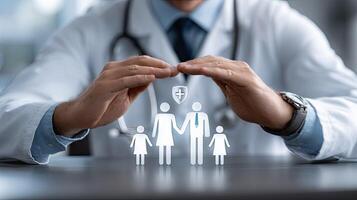 A doctor holding up a family with a heart photo