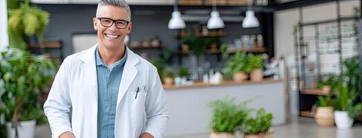 A smiling man in a lab coat standing in front of plants photo