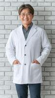 A man in a white lab coat standing against a brick wall photo