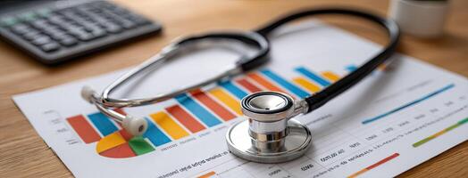 A stethoscope on a paper with a calculator and a pen photo
