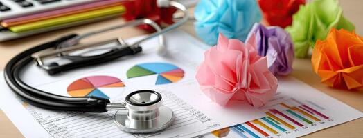 A stethoscope, paper, and a calculator on a desk photo