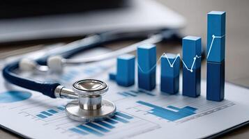 Medical stethoscope on a paper with graphs photo