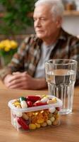 An older man sitting at a table with a container of pills photo