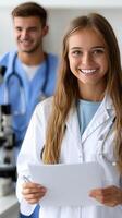 A woman in a lab coat holding a piece of paper photo