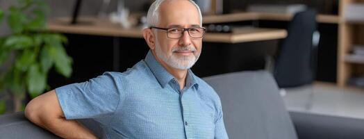 An older man with glasses sitting on a couch photo