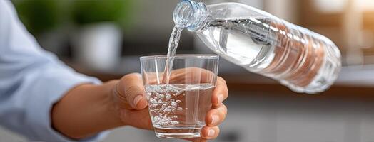 A person is pouring water into a glass photo