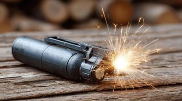 A sparkler is on top of a metal can photo