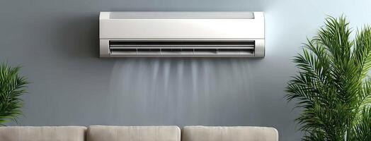 A modern air conditioner is mounted on the wall photo