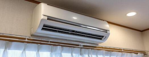A white air conditioner mounted on the wall photo