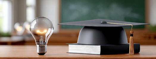 A graduation cap, a book and a light bulb photo
