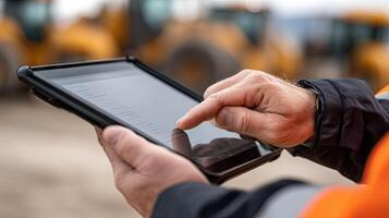 A person holding a tablet computer in front of construction equipment photo