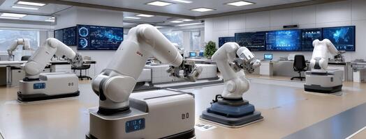 A room with robotic arms and computers photo
