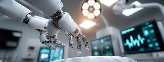 A robot is touching a patient in a hospital room photo