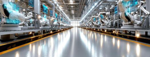 A long line of robots in a factory photo