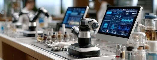 A laboratory with a computer and a robotic arm photo