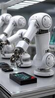 Robot arms in a factory with a computer screen photo