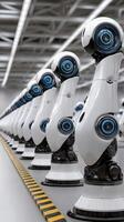 A row of white robots in a factory photo