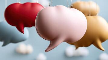 Colorful speech bubbles hanging from strings photo