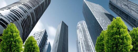 A group of tall buildings with trees in front of them photo