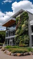 A building with a green wall and a large tree photo