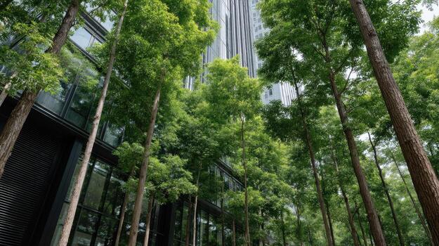 A building with tall trees in front of it photo