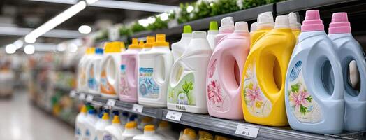 Several bottles of cleaning products are on a shelf photo