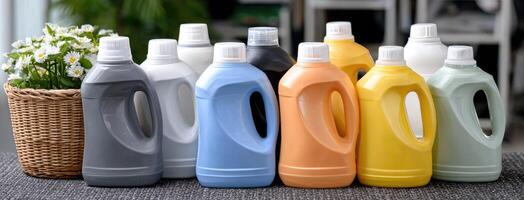 A group of different colored plastic bottles and a basket photo