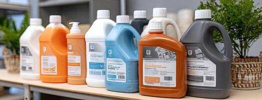 Several bottles of cleaning products are lined up on a shelf photo
