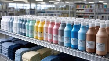 A shelf full of colorful bottles of shampoo and conditioner photo
