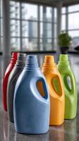 A row of plastic jugs photo