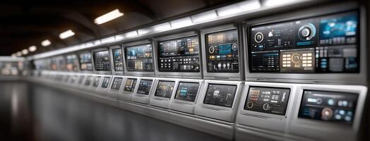 A long row of electronic screens in a subway photo