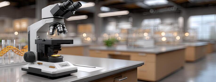 A microscope is sitting on a table in a laboratory photo