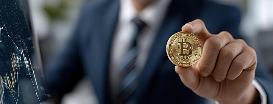 A man in a suit holding a bitcoin photo