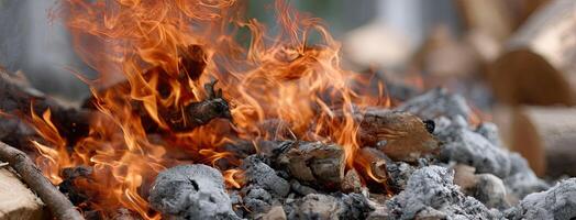 A close up of a fire with wood and wood photo