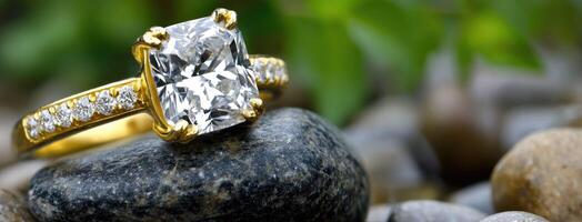 A diamond ring sits on top of a rock photo