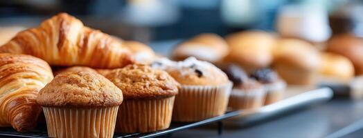 Many different types of bread and pastries are on display photo