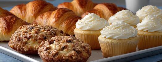 A tray of cupcakes and croissants on a table photo
